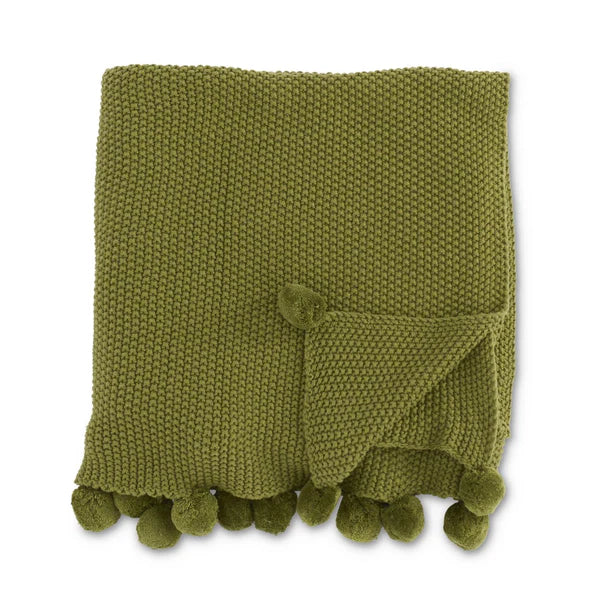 60"Sage Moss Knit Throw w/Pompom Trim