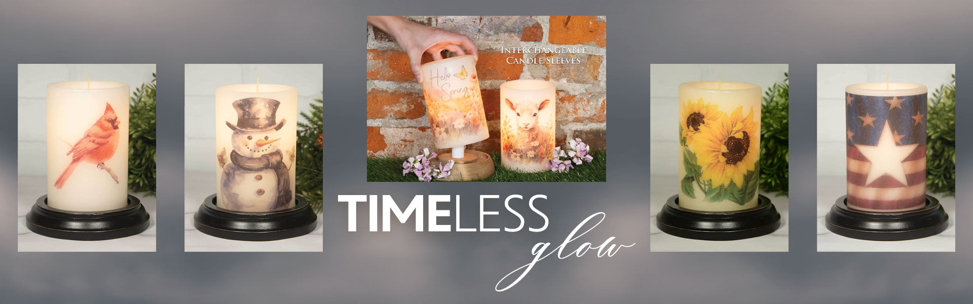 Collection of decorative candles by 'Timeless Glow'